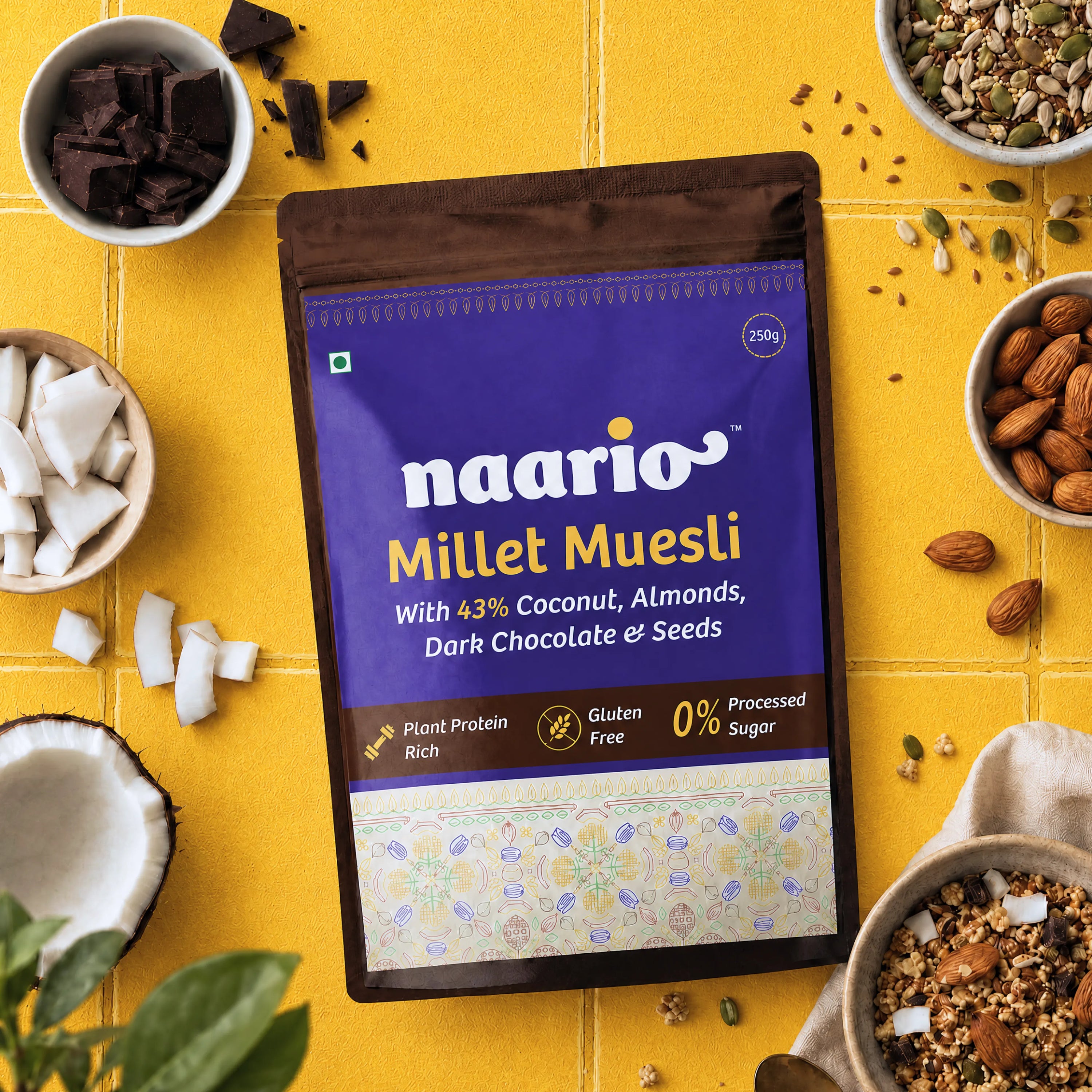 Millet Muesli with Dark Chocolate, Coconut , Almonds, and Seeds